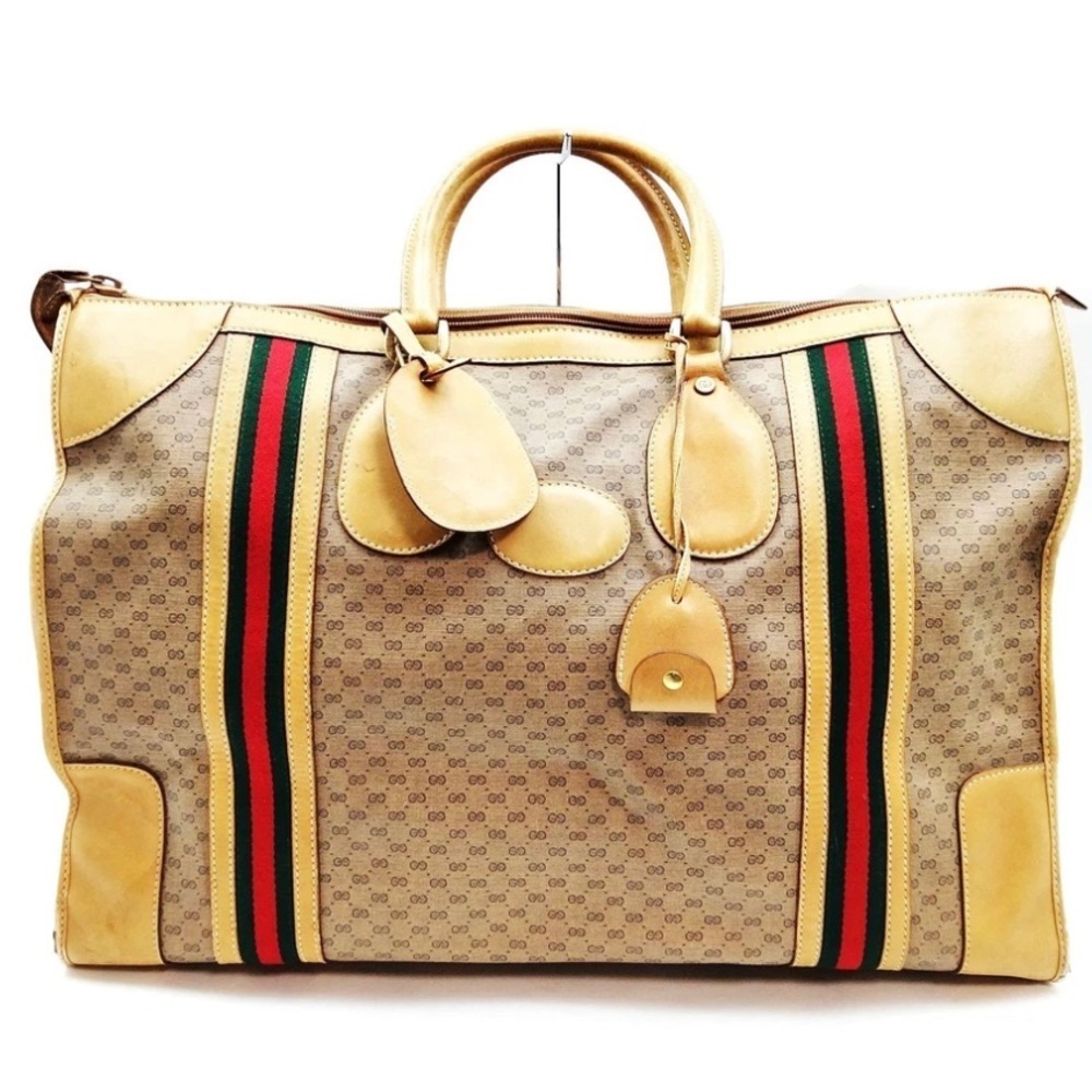 Gucci sherry Beige and Tan Travel Bag with Red and Green Stripes. Lock key